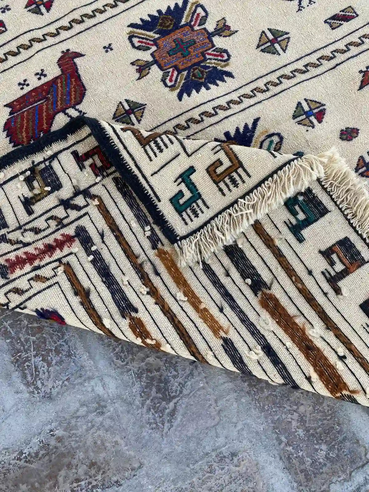 Afghan Soumak Kilim - Beige with Animal and Geometric Patterns - Nomad Hues