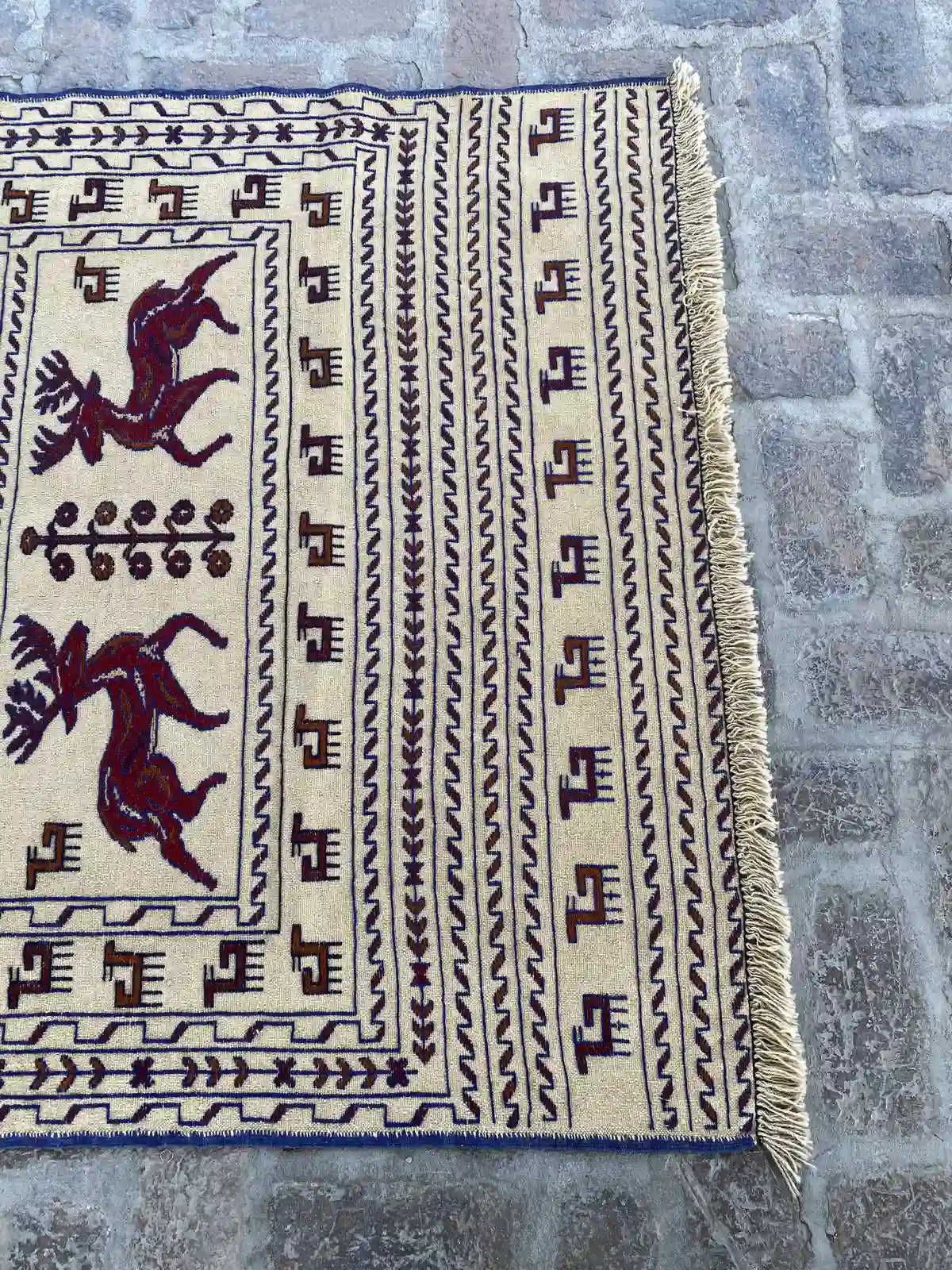 Afghan Soumak Kilim - Beige with Animal and Geometric Patterns - Nomad Hues